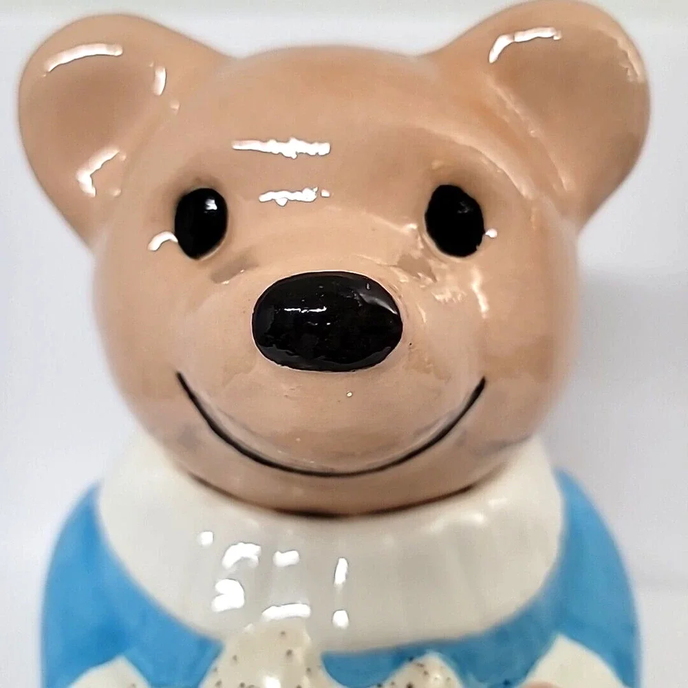 Vintage Tan Bear‎ Holding a Cookie with a Blue/White Sweater Ceramic Cookie Jar